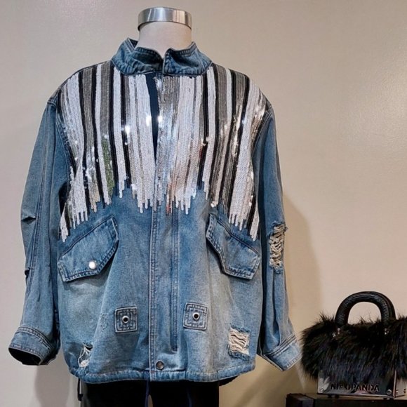 ๐ฅVTG 70s HIPPIE STYLE๐ฅ Distressed Sequinned Denim Anorak Jacket - Picture 6 of 16